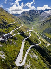 Canvas Print - Drone shot of Swiss Mountain Roads, The Furka Pass and Susten Pass next to the Rhone Glacier