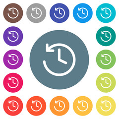 Wall Mural - Circle shaped backward arrow and clock flat white icons on round color backgrounds