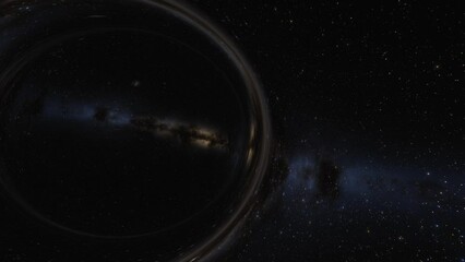 Wall Mural - Cinematic animation of supermassive black hole. Camera moves through a black hole or wormhole into another galaxy in another universe. Space, light and time are distorted by strong gravity on the