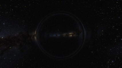 Wall Mural - Cinematic animation of supermassive black hole. Camera moves through a black hole or wormhole into another galaxy in another universe. Space, light and time are distorted by strong gravity on the