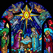 Stained Glass Nativity Window In Church