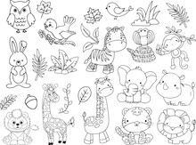 Set Of Various Animals Cartoon Line Art. Black And White Vector Illustration For Coloring Book