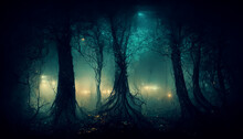 Dark Scary Forest Cursed By Witch Spell Spectacular 3D Illustration For Ghost And Halloween Black Magic Scene