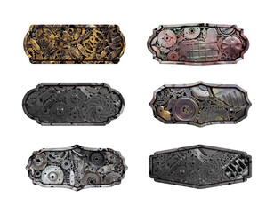 Aufkleber - Set of Vintage labels metal sign cogs and gears background, isolated on white