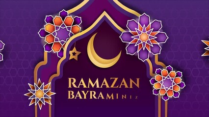 Wall Mural - Ramazan Bayraminiz video concept. Moving greeting card for Muslim religious holiday. Traditional islamic banner with stars, moon and mosque silhouette. Month of Ramadan. Flat graphic animated cartoon