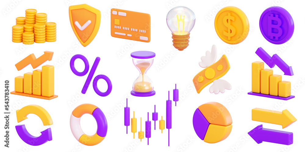 3d finance and business icons set.  Money, stock exchange, business investment, trading and finance concept. Realistic 3d high quality render