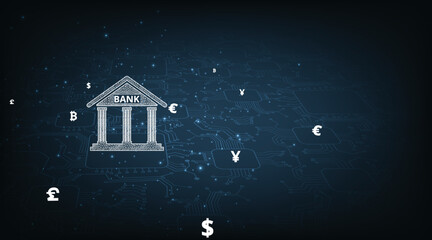Aufkleber -  Isometric image of bank and currency on dark blue background. Financial technologies concept. Internet online banking. Vector illustration.EPS 10.