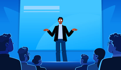 Presentation of a new product or business lecture. Man performs on stage in front of an audience in the hall. Conference or seminar