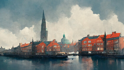 Wall Mural - Copenhagen cityscape lake house cloudy sky