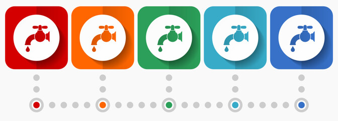 Poster - Water faucet, old tap vector icons, infographic template, set of flat design symbols in 5 color options