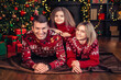 © ZaStock - Happy Christmas family posing near Christmas tree over decorated living room background
