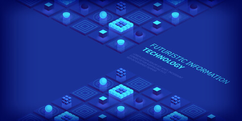 Isometric futuristic information technology blockchain concept. Big data binary code, data flow. Transferring of big data. Interconnected blocks of data. Vector illustration abstract background
