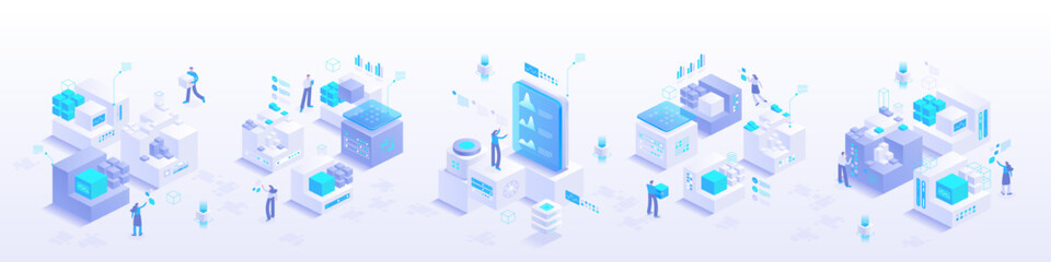 High tech, science, futuristic modern concept. Digital technology, deep learning and big data. Detailed abstract isometric vector illustration for screen template or banner background