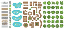 Vector Set For Landscape Design. Top View. Outdoor Furniture, Ponds, Stones, Paths, Trees. View From Above.