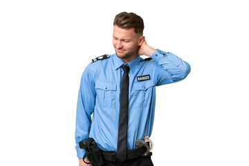 Wall Mural - Young police man over isolated background with neckache