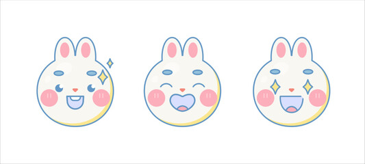 Wall Mural - Happy and excited cute rabbit emoji faces set. Isolated on white background. Vector cartoon Illustration.
