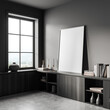 Grey living room interior with dresser and panoramic window, mockup frame