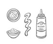 Mustard sauce outline icons set vector illustration. Line hand drawing plastic bottle with food condiment, squirt and label on container, swirl splash from tube, bowl with mustard in top and side view