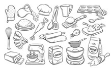Bakery Outline Icons Set Vector Illustration. Line Hand Drawn Ingredients To Bake And Cook In Kitchen, Bakers Tools To Make Dough And Whipped Cream Cake, Food And Dessert Preparation Symbols