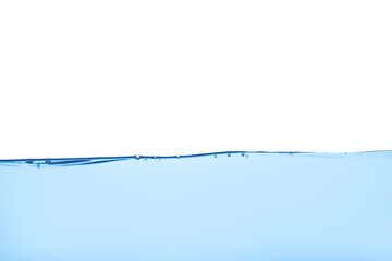 Abstract clean flow ripple surface on liquid. Light blue water wave with air bubbles and a little bit splashed underwater, studio shot isolated on white background