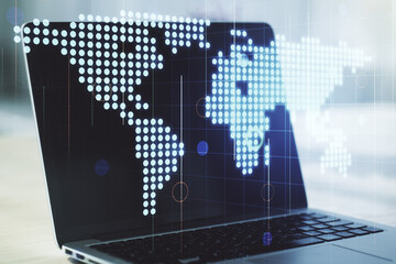 Wall Mural - multi exposure of abstract creative digital world map on laptop background, research and analytics c