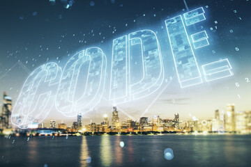 Wall Mural - code word hologram on chicago cityscape background, international software development concept. mult