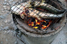 Grilled Catfish On A Charcoal Grill. Thai Food