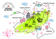 春の青森県の観光地シンプル線画イラストマップ