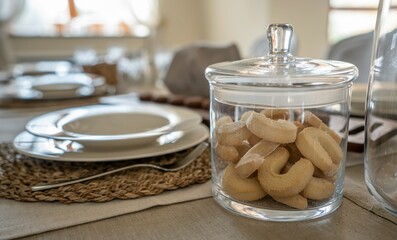 Poster - Closeup shot of a bowl of cookies on a table with plates and cutlery