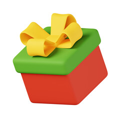 Wall Mural - A green-red gift box with a yellow ribbon bow. Christmas, new year holiday celebration icon concept. Cute cartoon style 3D Render Illustration