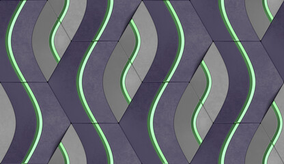 Wall Mural - Geometric seamless 3D pattern in green with gold and gray elements. Waves series. 3d illustration.