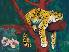 Bunter Leopard Liegt Dösend Auf Einem Baumstamm
