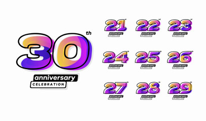 Colorful modern anniversary celebration logotype set. 21, 22, 23, 24, 25, 26, 27, 29, 30