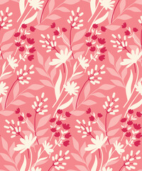  Seamless floral pattern with silhouettes of wild plants. Pretty ditsy print, cute flower background design with hand drawn small flowers, leaves in abstract arrangement on pink background. Vector.