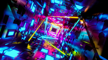 Canvas Print - Flying in a tunnel with flashing multicolored fluorescent lights. 3D rendering illustration.