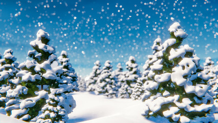 Sticker - A walk in the snow-covered forest between the Christmas trees during a snowfall. 3D rendering illustration