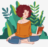Fototapeta Dinusie - Cute young woman reading a book in the garden. Nature landscape background. Summer holidays illustration. Vacation time