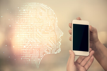 Double exposure of brain sketch hologram and woman holding and using a mobile device.
