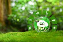 Reduction Of Carbon Emissions, Carbon Neutral Concept. Net Zero Greenhouse Gas Emissions Target. Reducing Carbon Footprint Concept. Decreasing CO2 Emissions Target Symbol On Green View Background.