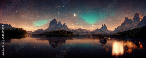 Fototapete Spectacular nature background of beautiful mountain and lake in starry night with shimmering light, pixie dust. Digital art 3D illustration of panoramic mountain view with stars reflect in lake water.