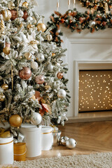 Wall Mural - Christmas gifts under the tree. Beautiful boxes with New Year's gifts in a white interior.