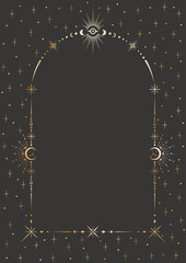 Wall Mural - Vector mystic celestial golden arched frame with different stars, dots, beams and a copy space. Ornate magical background with shiny corners. Banner with an elegant border and a place for text