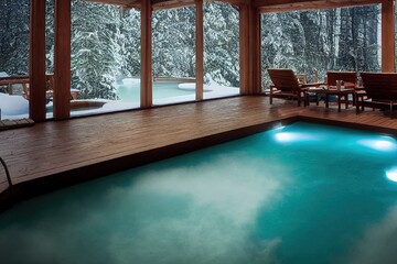 outdoor spa pool in winter 3d illustration, with copy space, reflecting luxury and relaxation mode