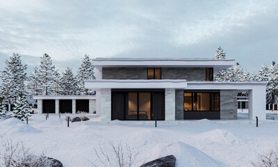 Wall Mural - Modern house with large panoramic windows. House in the winter in the snow. Facade of a stone house. House with pool