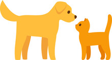 Cartoon Cat And Dog Facing Each Other, Simple Cartoon Flat Icon. Golden Retriever And Ginger Kitty. 