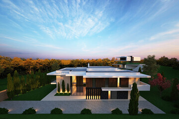 Wall Mural - Modern villa in relief. Panoramic windows, large terrace. Flat roof. Villa exterior