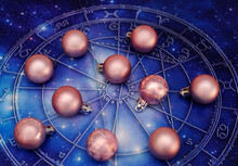 Zodiac Signs And Horoscope With Christmas Decorations Pink Balls And Blue Ribbon Gift Flower Like Astrology And Christmas Concept In Blue Tonality