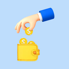 Wall Mural - 3D cartoon hand putting coin in wallet isolated on blue background. Vector 3d illustration