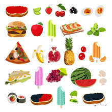 Vector Food Items. Vegetables And Fruits. Caviar, Lime, Strawberry, Cherry, Olives, Eggs, Sandwich, Apple, Ice Cream, Salmon, Avocado, Basilic, Pizza, Banana, Pomegranate, Pineapple, Tomatoes, Orange.
