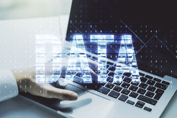 Wall Mural - creative data word sign and hands typing on laptop on background. multiexposure
